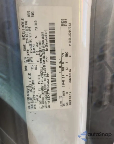 2018 Ford Transit T-350 из США, поврежденный, VIN 1FBZX2YM6JKA21564